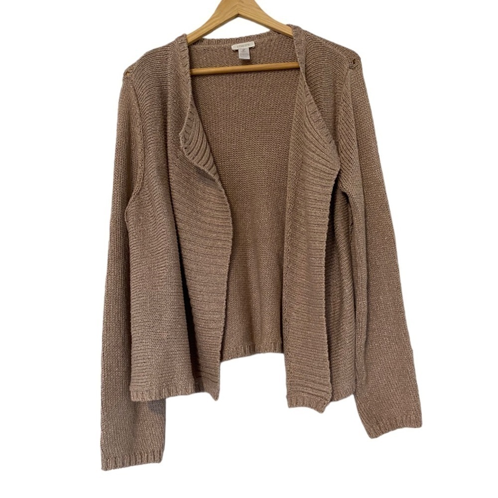 😍2/$20 Chico’s Sz 2 US L Sparkly Taupe Open Waterfall Knit Cardigan EUC